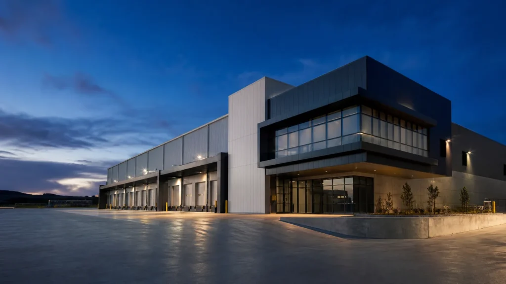 Modern industrial food production and cold storage facility at blue hour